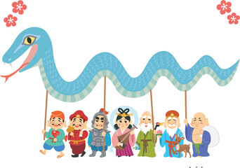 Obraz premium 年賀状素材イラスト 巳年 七福神 梅