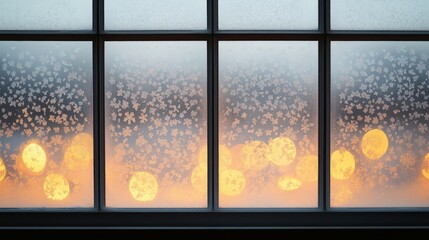 Frosted window with glowing lights and snowflake patterns in winter evening