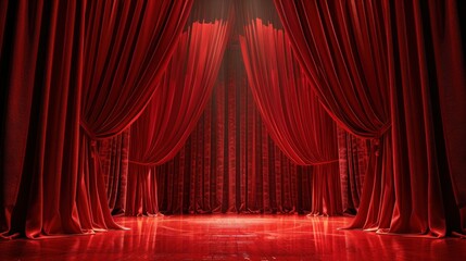 The stage is framed by elegant red curtains ready to unveil the show.
