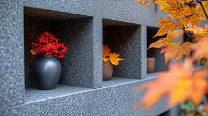 Black Cremation Urn in Columbarium Wall Niche with Red Autumn Bouquet, Contemporary Memorial Complex