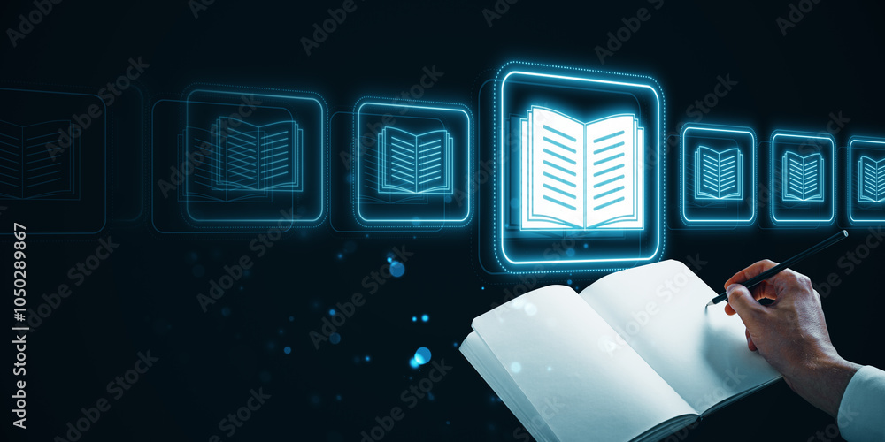 Poster Digital book icons in neon style with a person writing notes in a notebook on a dark background.