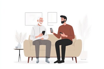 Elderly father and his grown-up son bonding over their smartphones on a cozy couch in their contemporary home. Cherishing moments of togetherness and connection
