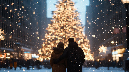 
A couple taking a selfie in front of a giant Christmas tree in a snowy city square, showcasing...