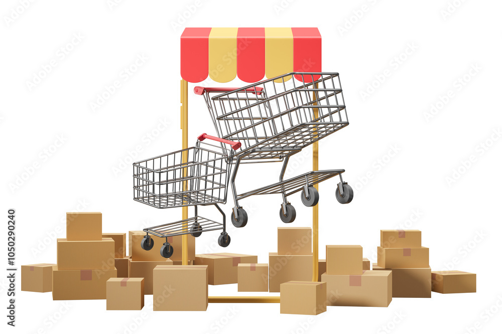 Poster two shopping carts and multiple delivery boxes are shown under a red and yellow canopy. isolated on 