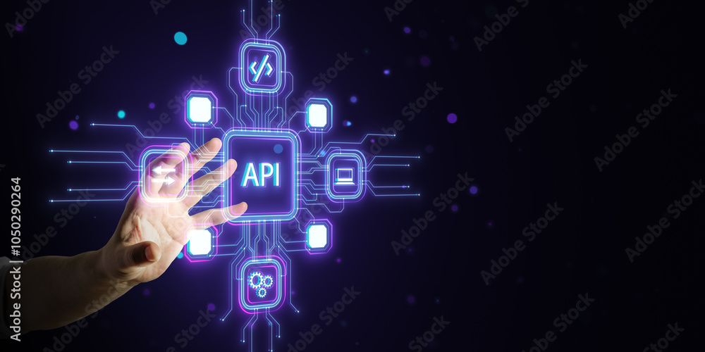 Poster Hand interacting with API hologram on dark background, surrounded by digital icons in neon blue light.