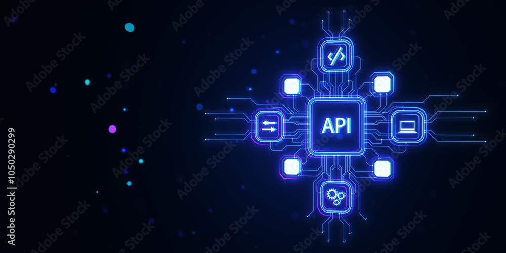 Poster API network technology concept on blue neon hologram background. 3D Rendering