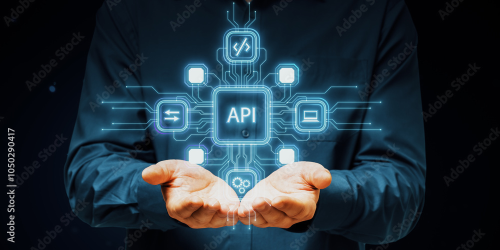 Aufkleber Hands holding glowing API symbol with network icons hovering above on a dark background. Modern technology and data concept.