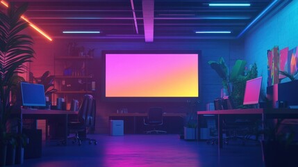 A creative team collaborates in a vibrant space with neon lights and a big digital screen