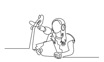 Continuous line drawing of interviewing woman on a podcast discussion, and talking to guests in the studio.  Concept of podcasting, radio station, interview. Podcast presenters with a microphone talk 