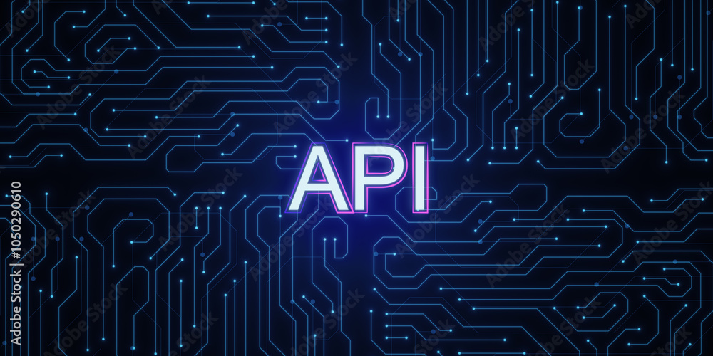 Poster API concept on neon digital circuit background. 3D Rendering