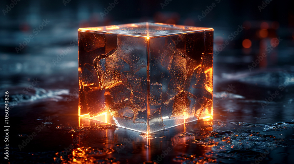Poster a glowing ice cube surrounded by shimmering reflections in a darkened space