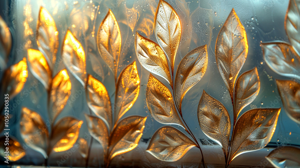 Poster Golden leaf patterns shimmer through droplets on a window at dawn's soft light