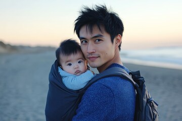 Father and baby bonding on the beach at sunset, sharing a heartwarming moment together