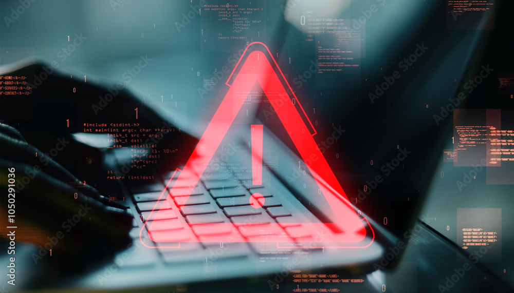 Poster Red exclamation mark warning symbol over a laptop keyboard with digital code in the background.