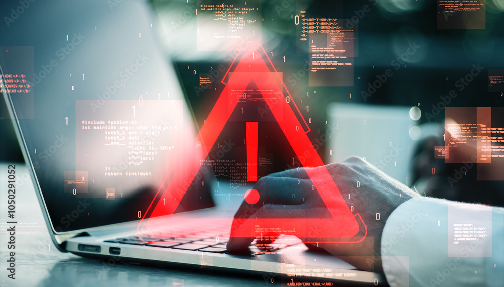 Aufkleber Red exclamation warning symbol over a laptop with code in the background representing a digital error or alert concept.