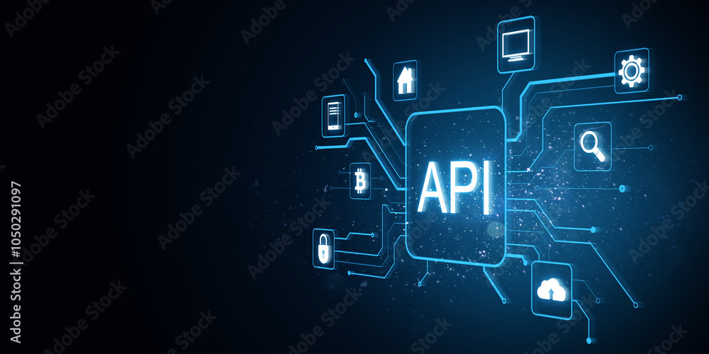 Fototapete API symbol with various technology icons connected by neon lines on a dark background. 3D Rendering