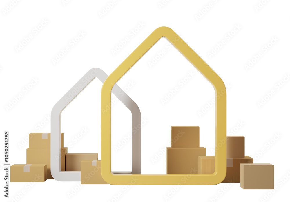 Poster yellow and white house-shaped frames with small cardboard boxes around them. isolated on a clean whi