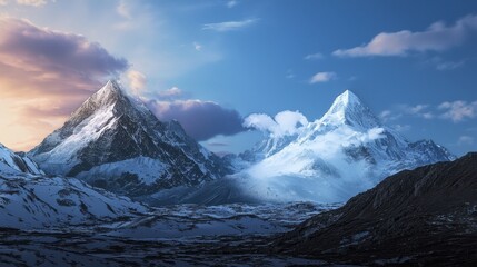 Against the backdrop of the sky, the peaks appear particularly majestic, sharp and towering. Between the two peaks, clouds are swirling, and some peaks are obscured by clouds and mist, adding a sense 
