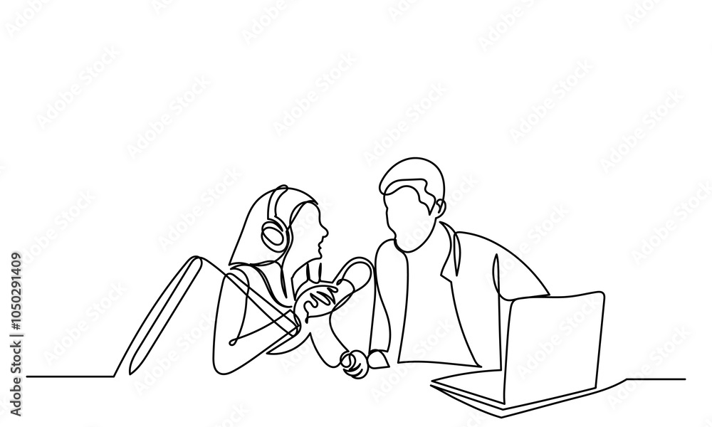 Wall mural continuous line drawing of interviewing man and woman on a podcast discussion, talking to guests in 