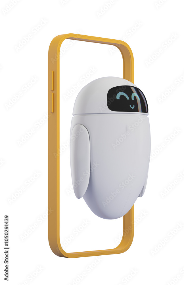 Poster a cute robot character with a smiling face displayed, popping out of a yellow phone frame, isolated 