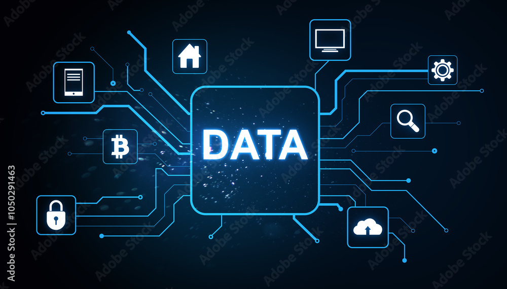 Poster Data and technology network icons on a dark background. 3D Rendering