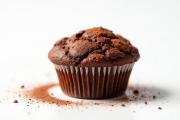 Chocolate muffin with cocoa powder on white background.