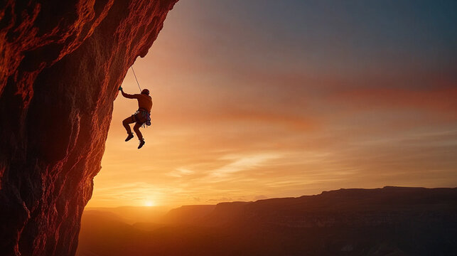 
A climber silhouetted against a fiery sunset, hanging from a cliff edge by one hand, legs dangling over a deep canyon, mountain climbing, extreme survival,