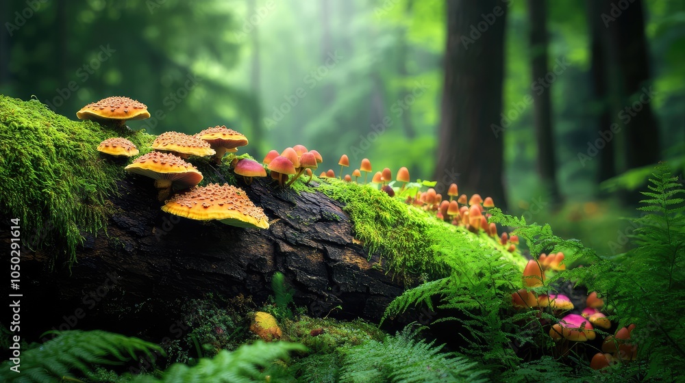Poster a mystical scene of a moss-covered fallen tree trunk, adorned with colorful mushrooms and surrounded