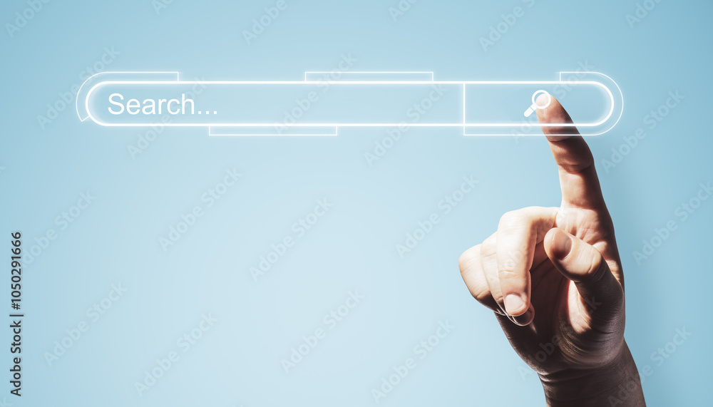 Poster hand touches virtual search bar on a digital interface background.