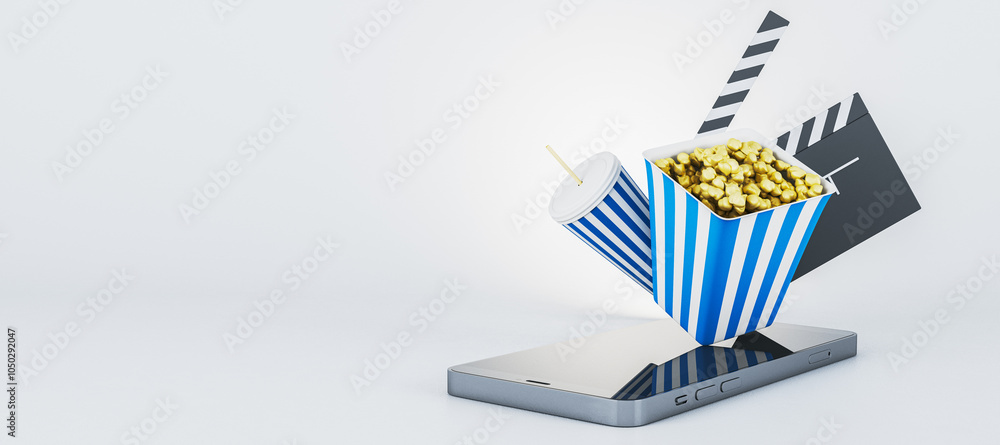 Poster popcorn, soda, and clapperboard emerging from smartphone screen. 3d rendering