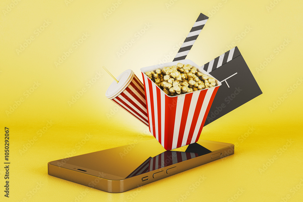 Poster popcorn, drink, and clapperboard on smartphone with yellow background. 3d rendering