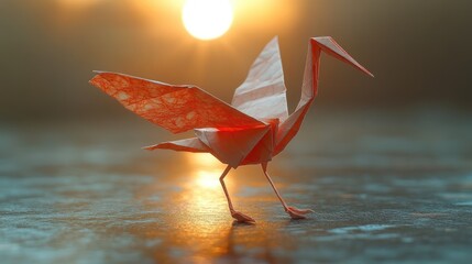 Top-down angled shot of an unfolded paper origami crane, placed on a flat surface, with neutral background.