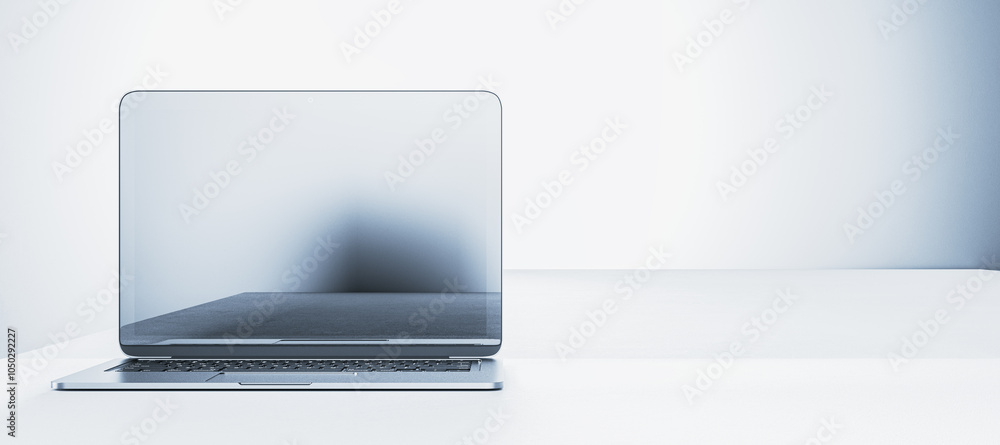 Poster laptop mockup with blank screen on light background. 3d rendering