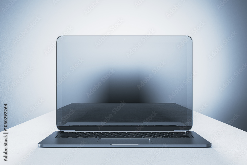 Poster Laptop with blank screen mockup on table in front view. 3D Rendering