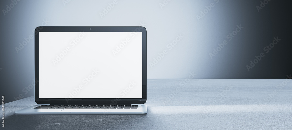 Poster Laptop mockup with blank screen on a modern tabletop. 3D Rendering