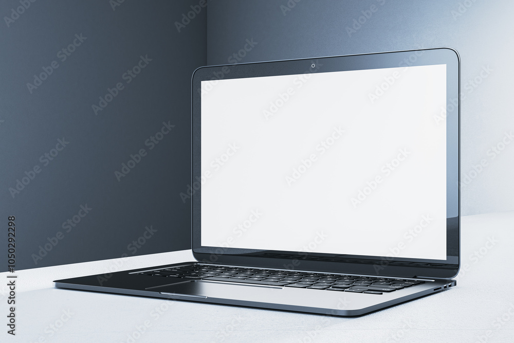 Poster laptop with blank screen in modern room, isolated on white surface. 3d rendering