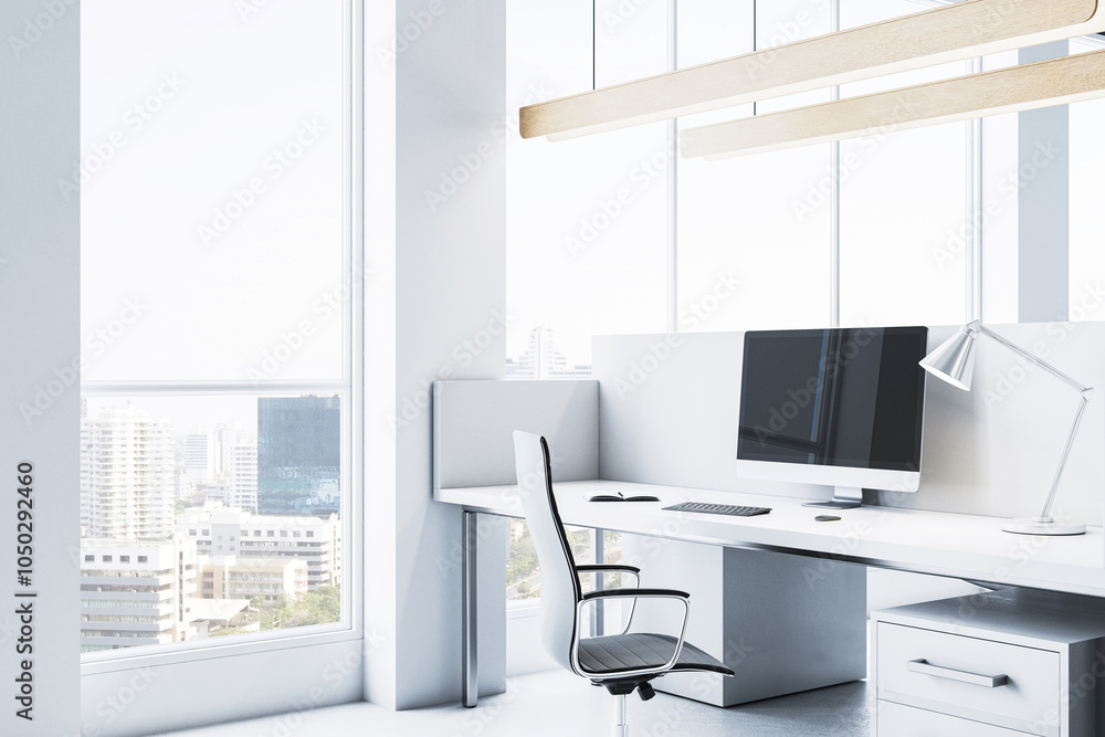 Poster Modern office desk with computer and chair near a large window in a cityscape background. 3D Rendering