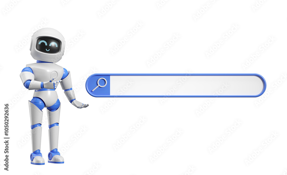 Poster a friendly robot assistant pointing to an empty search bar, isolated on a white background, represen