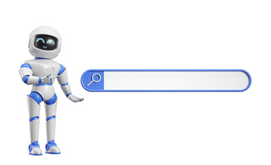 A friendly robot assistant pointing to an empty search bar, isolated on a white background, representing an internet search concept. 3D Rendering