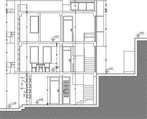 Vector sketch illustration, silhouette design, architectural drawing of a modern house building section