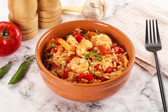 Italian pasta orzo with prawn