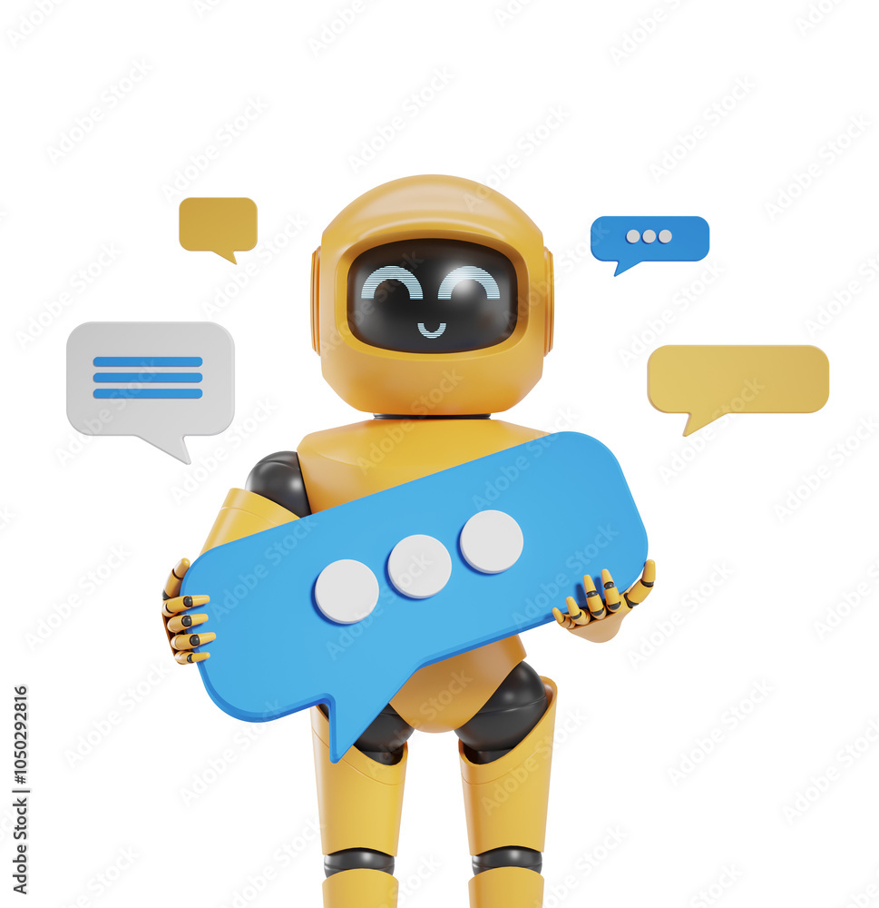 Poster yellow robot holding a large blue speech bubble. additional speech bubbles float around on a clean w