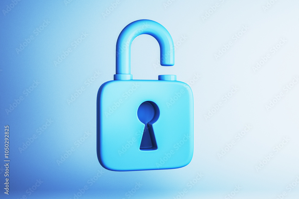 Poster Blue open padlock icon on a light background. 3D Rendering