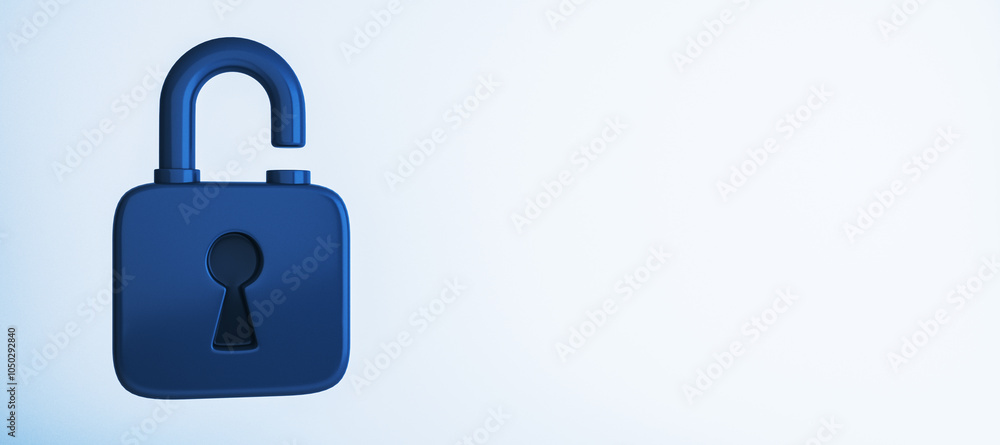 Poster blue open padlock on light background, security concept. 3d rendering