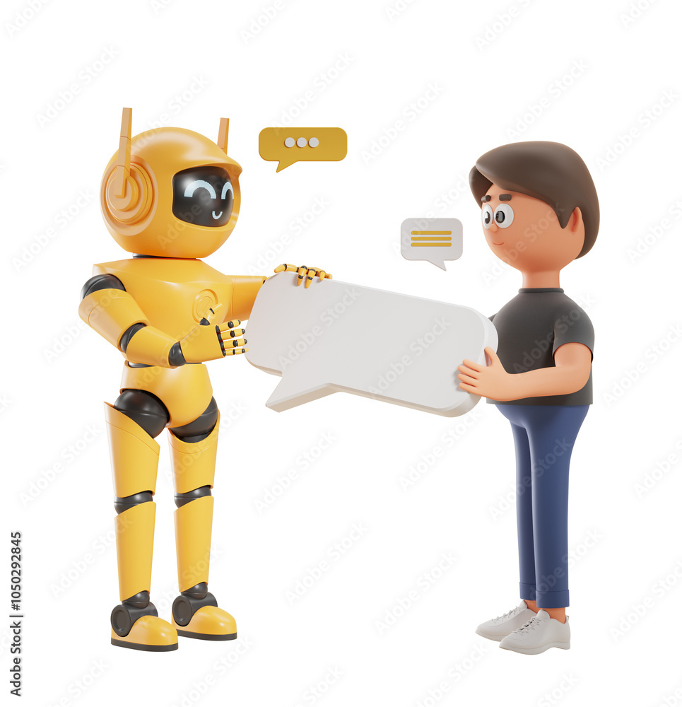Poster a robot and person holding a blank speech bubble with chat icons above their heads, isolated on whit