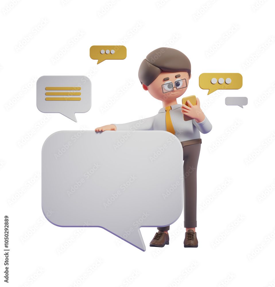 Poster 3d rendering of a person holding a phone with empty speech bubbles around. isolated on a clean white