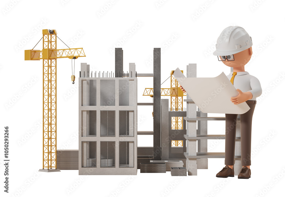 Poster construction engineer holding blueprint, observing building site with cranes and structures, isolate