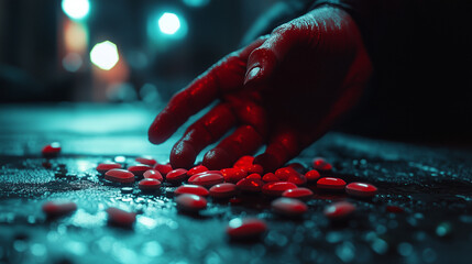 Hand reaching for scattered pills on street, symbolizing addiction crisis