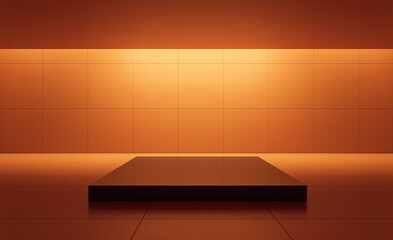 Empty modern podium with warm orange backlit wall. 3D Rendering