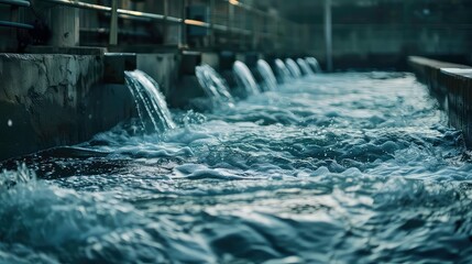 Water flowing over a dam, creating foamy rapids, a close-up.